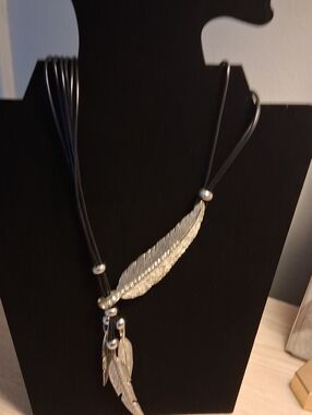 Gold Feather Pendant Necklace on Black Cord - Women Jewelry
